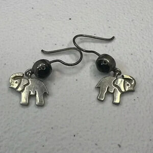 925 Sterling Silver Black Onyx Elephant Dangle Earrings Vintage Animal Boho Cute